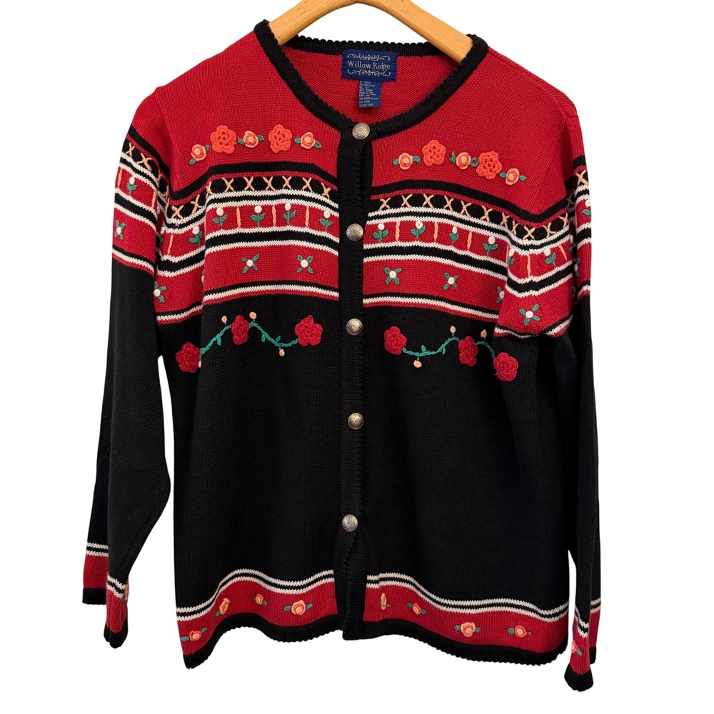 Willow Ridge Cardigan Sweater Womens MP Red Black Excellent Floral Embroidered